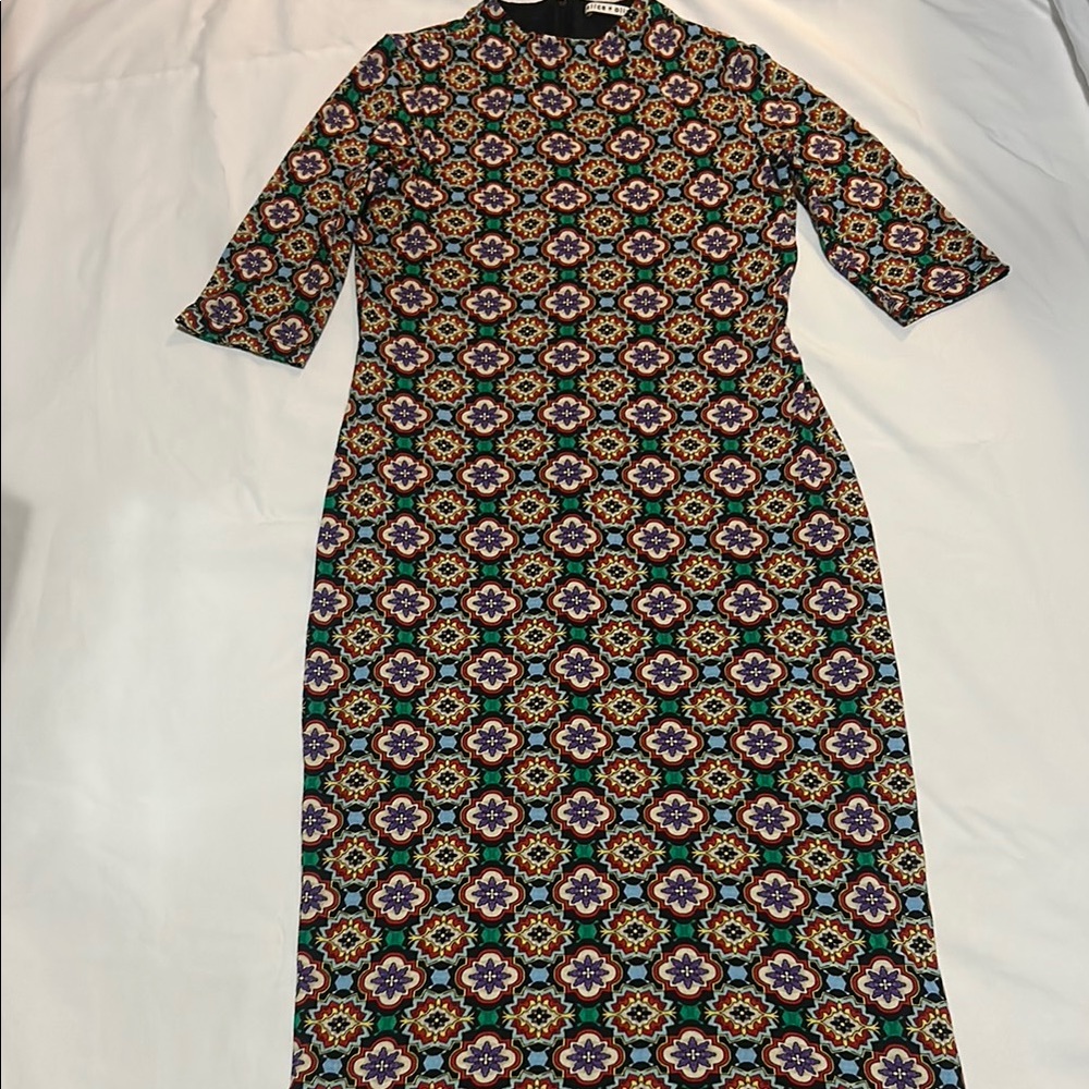 Alice & Olivia Mock Neck Midi Dress Womens Size 10 Multi-Color Geometric Print
